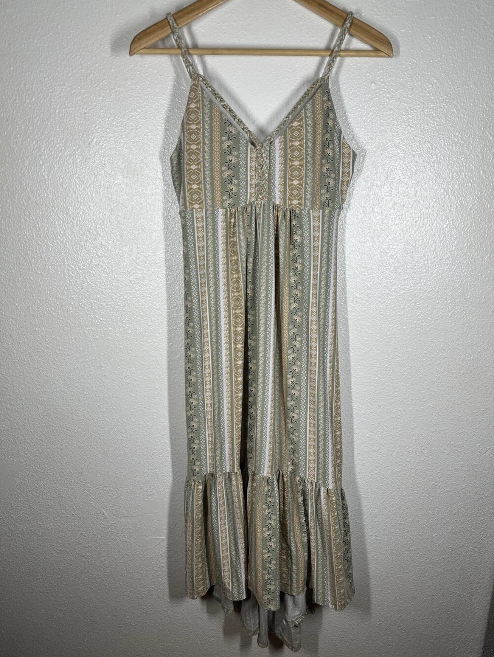 Striped Boho Maxi Dress in Sage and Beige